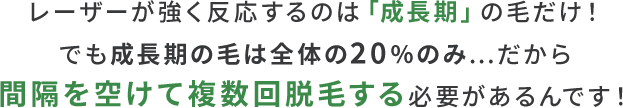 レーザーが強く反応するのは「成長期」の毛だけ！でも成長期の毛は全体の20%のみ…だから間隔を空けて複数回脱毛する必要があるんです！