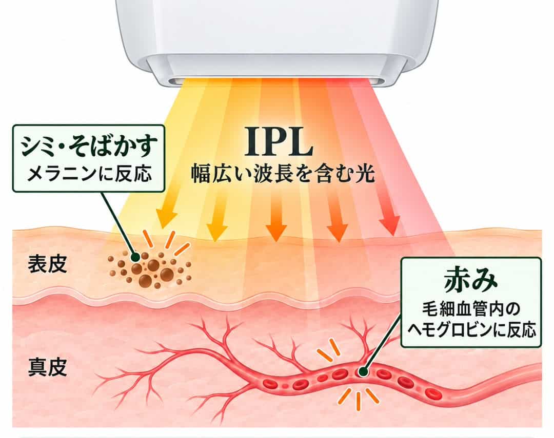 IPL光治療がメラニンとヘモグロビンに同時にアプローチする仕組みを図解